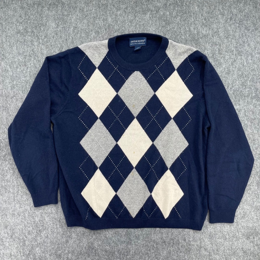 Davis & Squire Sweater Mens 2XL Cashmere Argyle Navy Blue Grey Crewneck Large